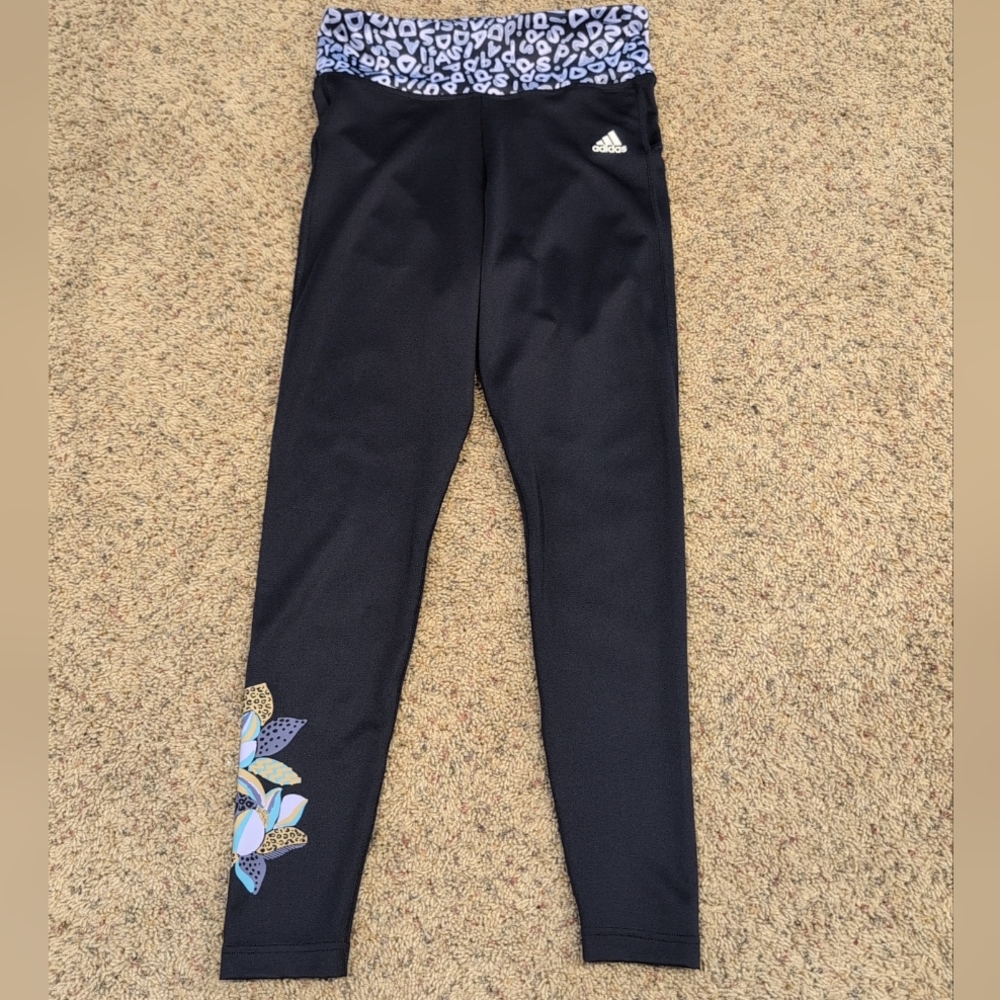 Adidas Primegreen Womens Size M Leggings Black Blue Floral Logo Stretch Athletic